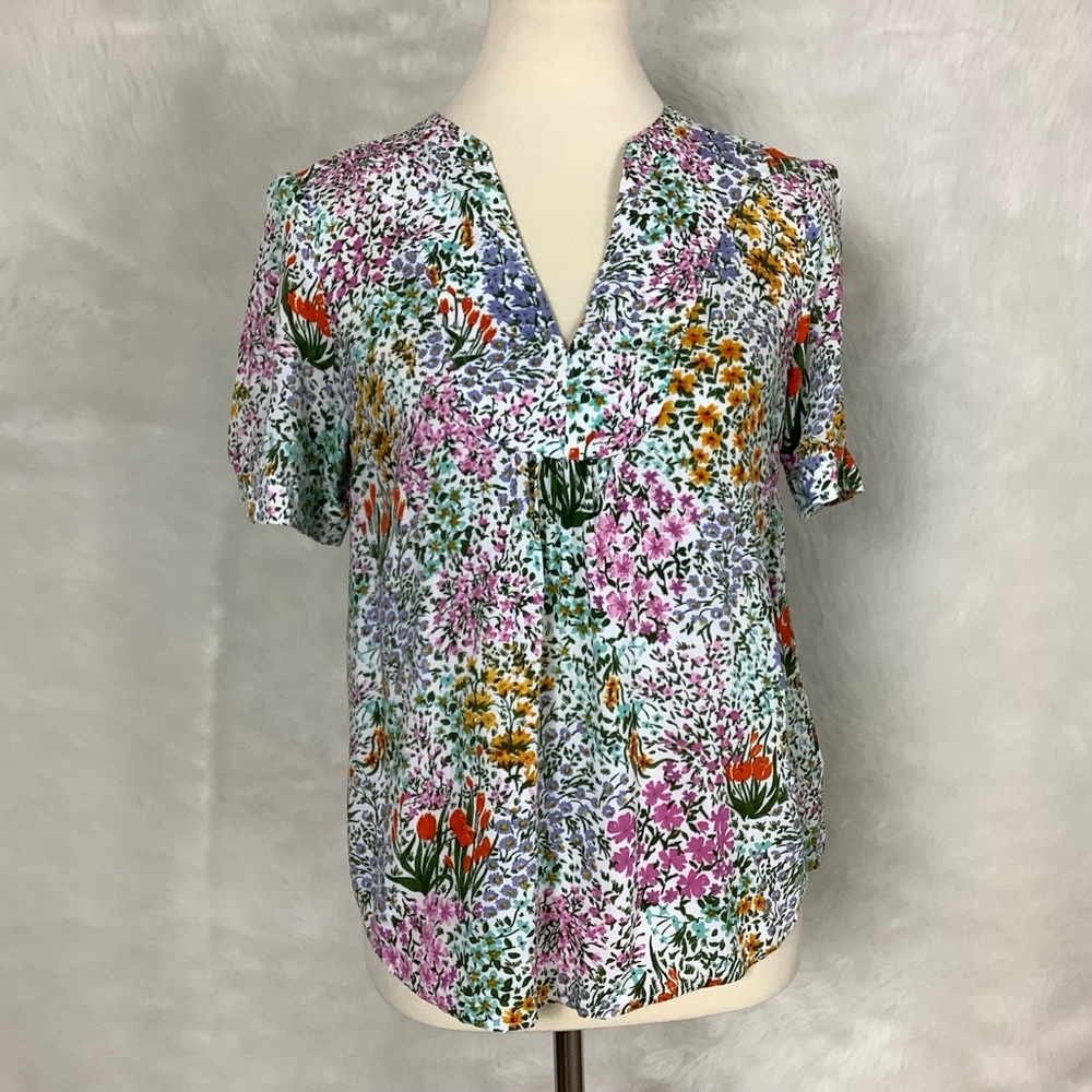 Anthropologie Floral Print Short Sleeve Blouse in White, Pink, Orange, Green